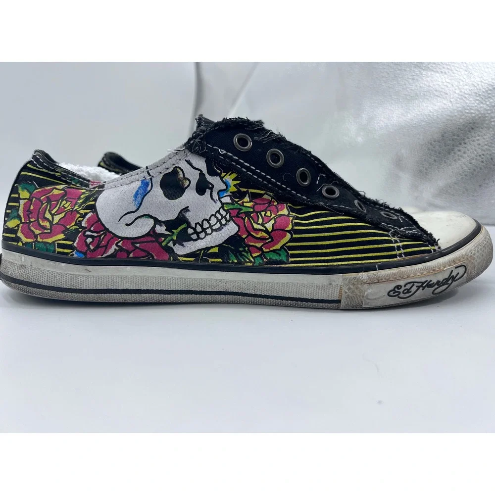 Ed Hardy Womens Love Kills Slowly Black Canvas Slip On Tattoo Sneakers Size 10